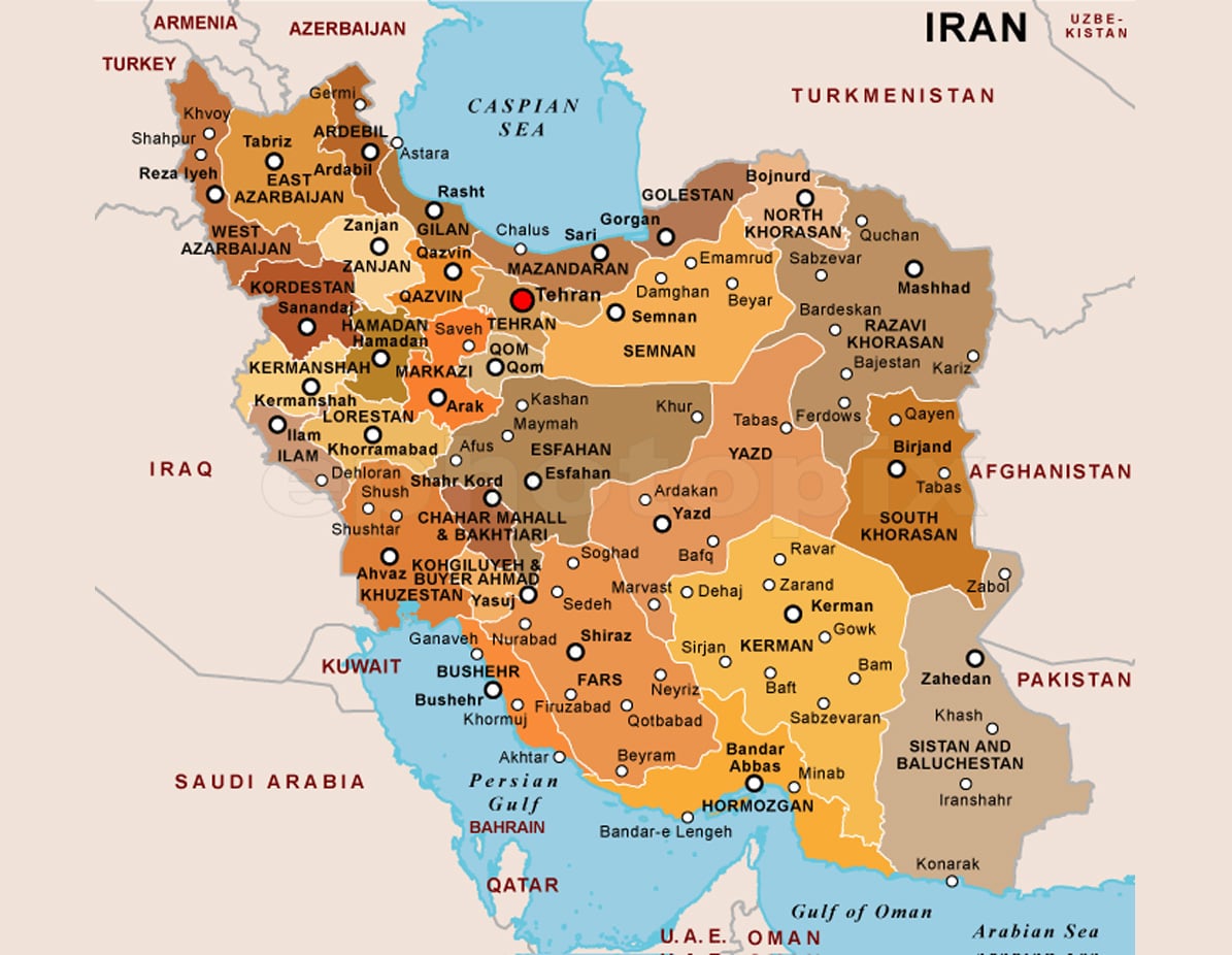 Map Of Iran And Surrounding Areas Road Religious Iran Cities Map   Physical And Political Map Of Iran 